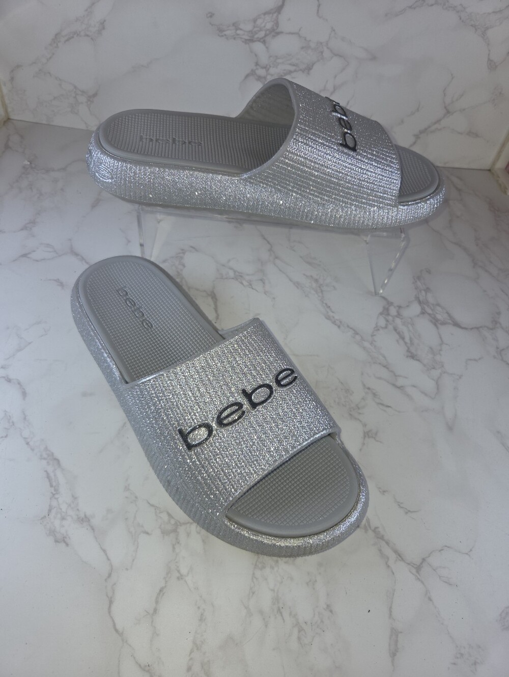 bebe Silver Glitter Slide Sandals with Logo(B111)